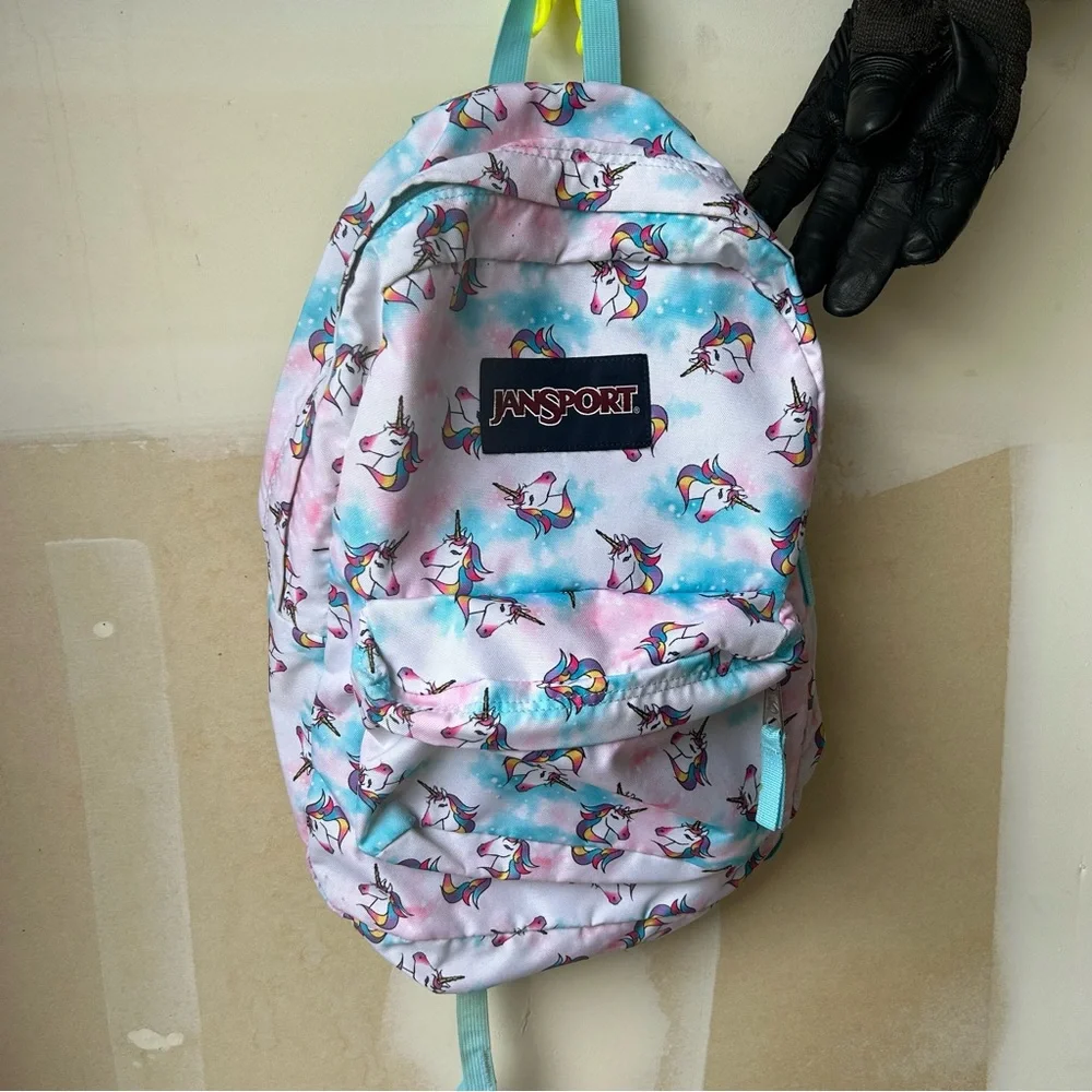 Jansport Pastel Unicorn Print Backpack in Pink, Blue, White